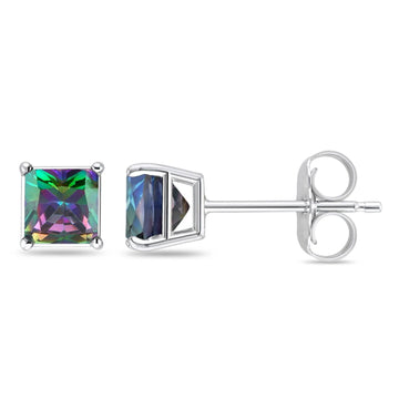 Solitaire Princess Cut Stud Earrings Simulated Rainbow CZ 925 Sterling Silver